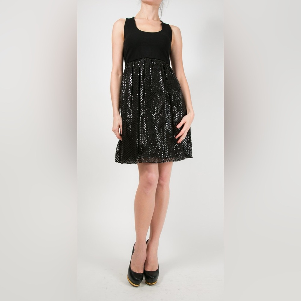 Alice + Olivia Round Neck Babydoll Sparkly Silk Blend Mini Dress